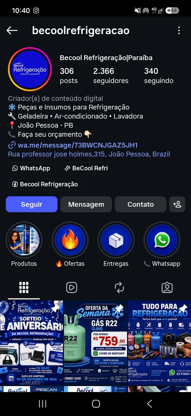 Perfil do Instagram da Becool Refrigeração